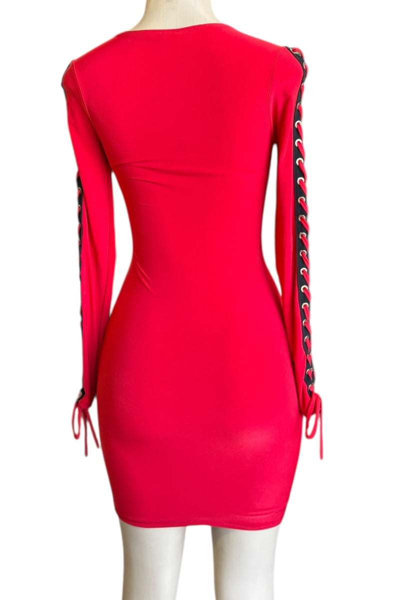 Red dress with unique sleeve designs on a white background