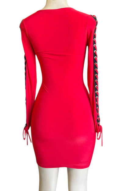 Red dress with unique sleeve designs on a white background