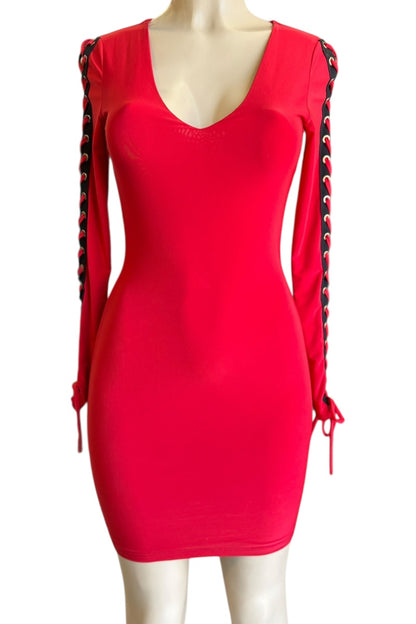 Red dress with black lace-up sleeves on a mannequin against a white background