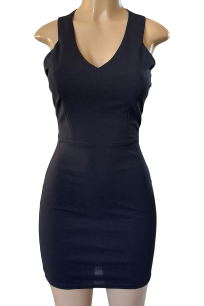 Black sleeveless dress on a mannequin against a white background