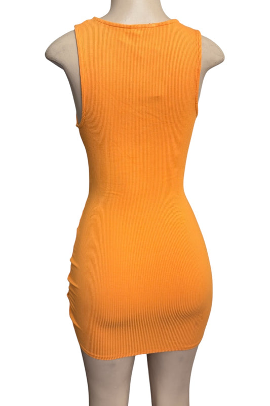 Orange sleeveless dress on a mannequin against a white background