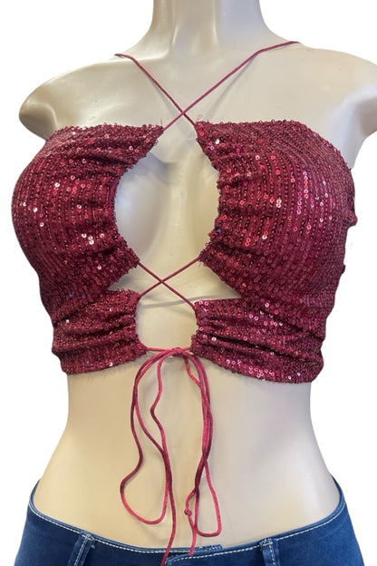 Lace Up Sequin and Satin Crop Top - Burgundy