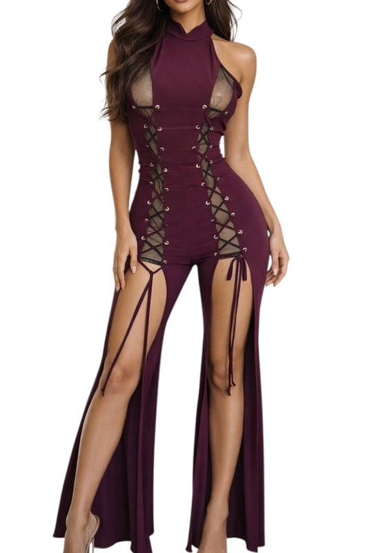 Plum lace-up jumpsuit with high slit on a white background