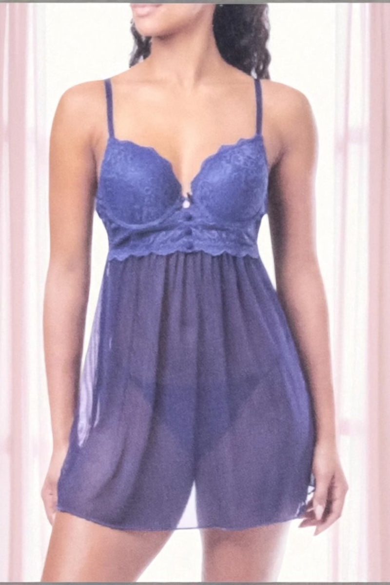 Blue lace nightgown worn by a model against a white background