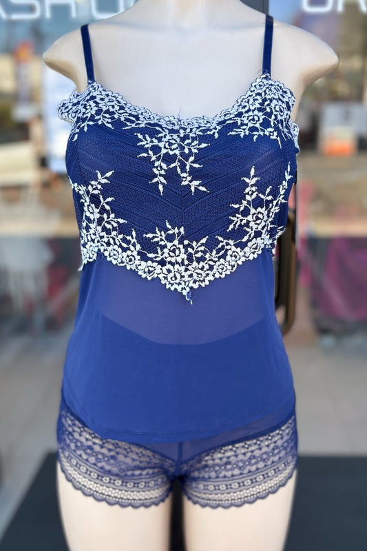 Blue lace lounge set on a mannequin against a blurred background