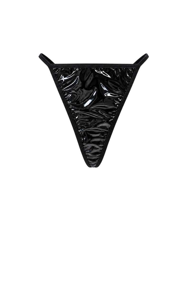 Black shiny faux-leather thong underwear with side straps, shown flat against a solid white background.