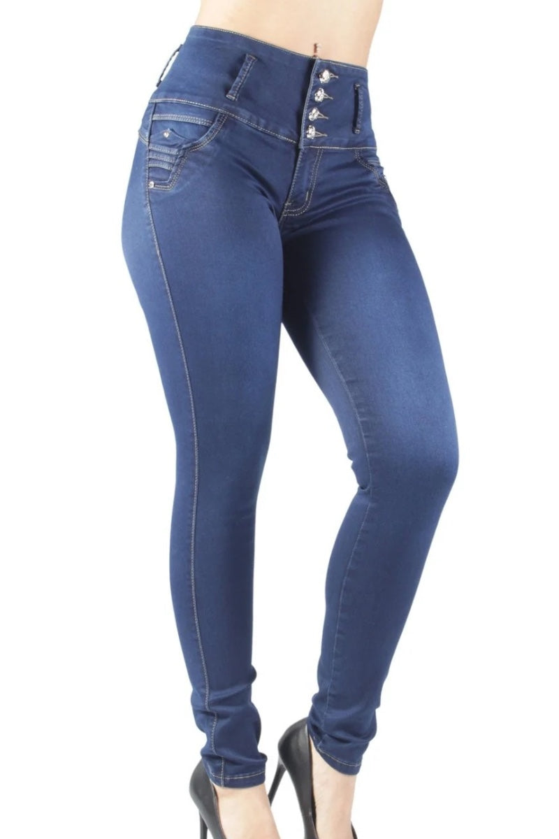 Blue jeans with button details on a white background