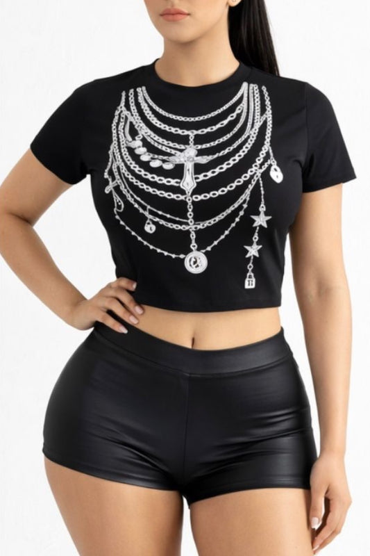Black Layered Chain Graphic Crop Top on a model