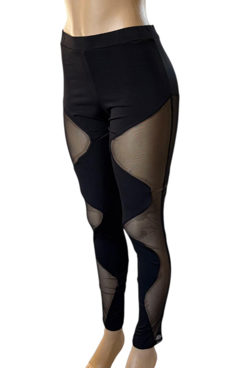 Black leggings with sheer mesh panels on a white background