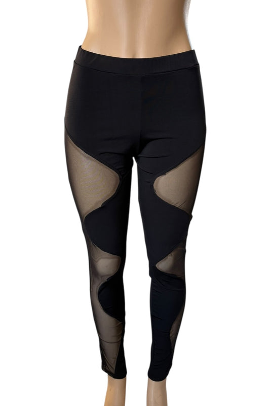 Black leggings with mesh panels on a white background