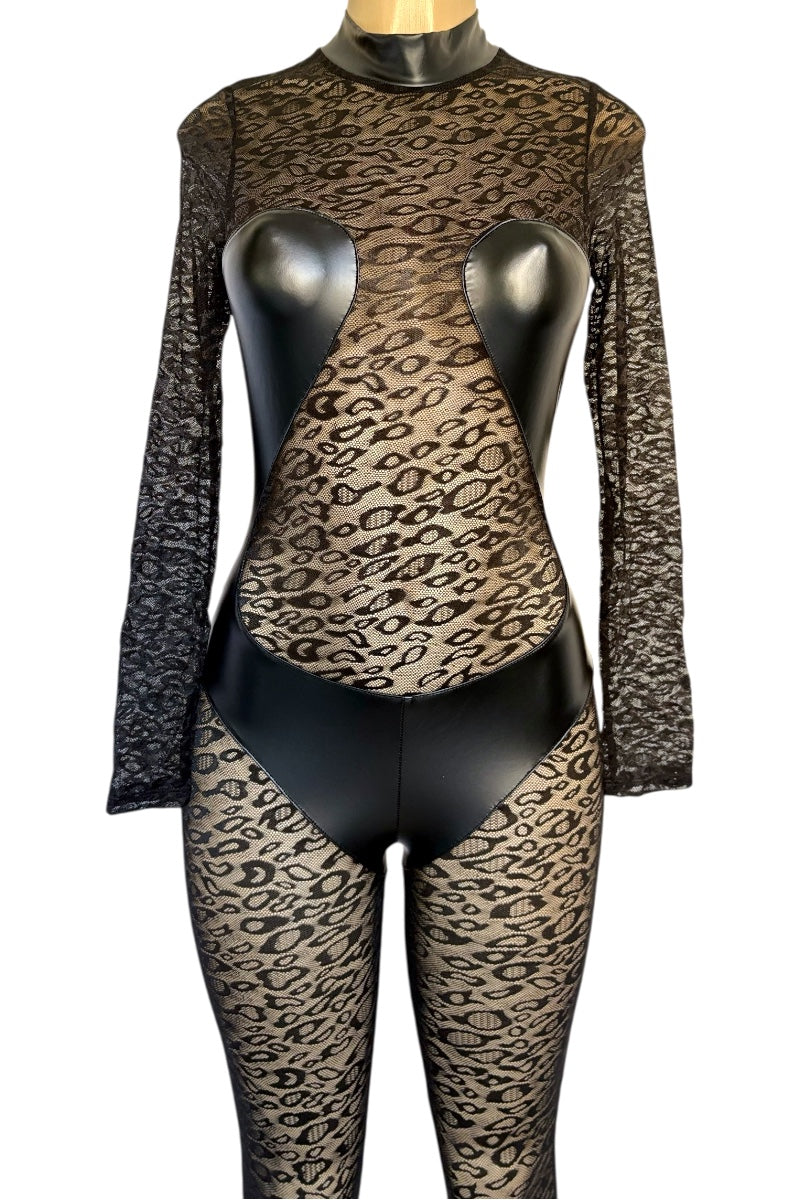 Leopard print bodysuit with sheer long-sleeve top on a white background