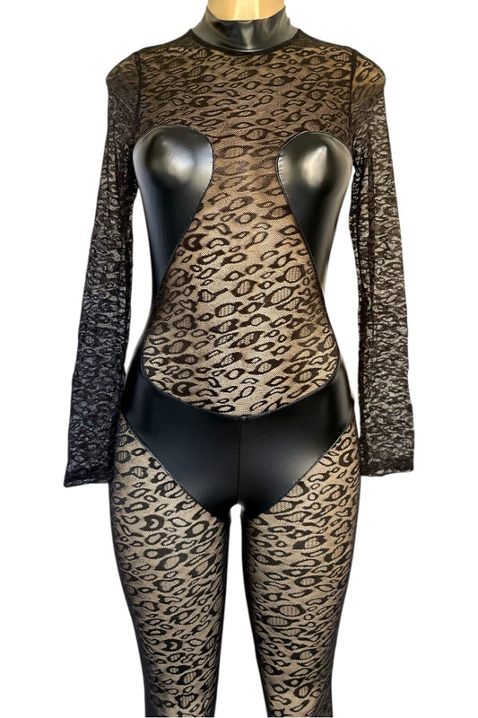 Leopard print bodysuit with sheer long-sleeve top on a white background