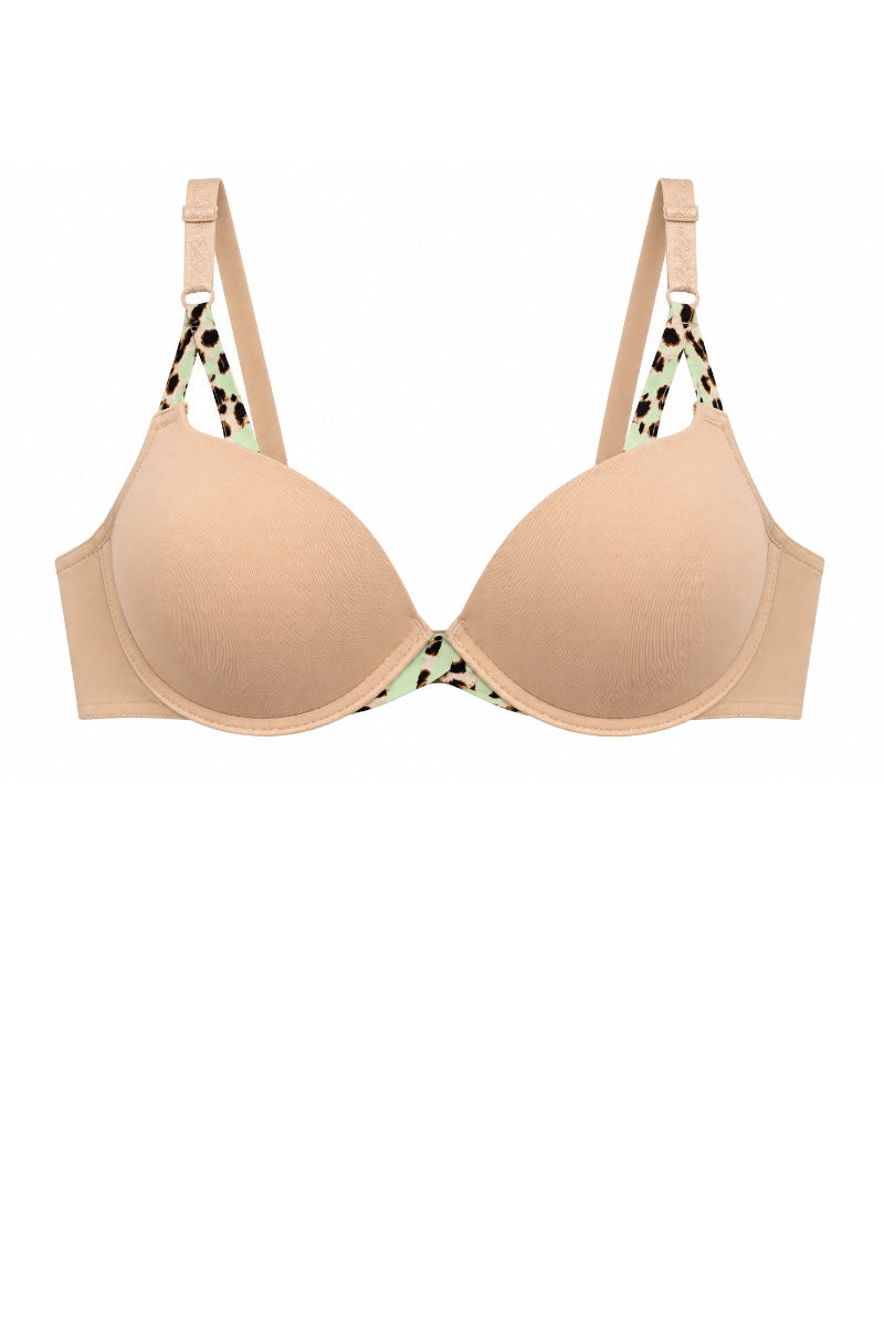 A beige wireless underwire bra with adjustable shoulder straps featuring a green and black leopard print pattern, shown against a plain white background.