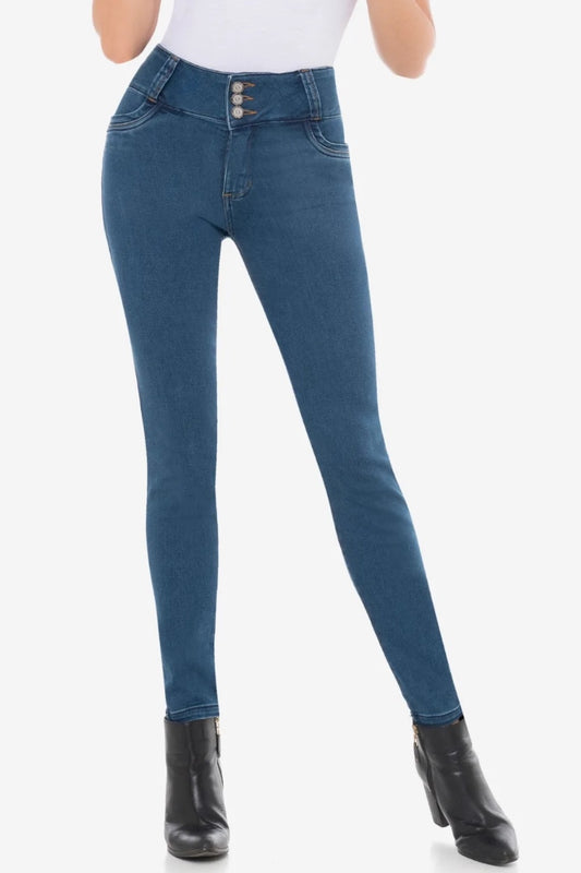 Blue jeans worn by a person on a white background