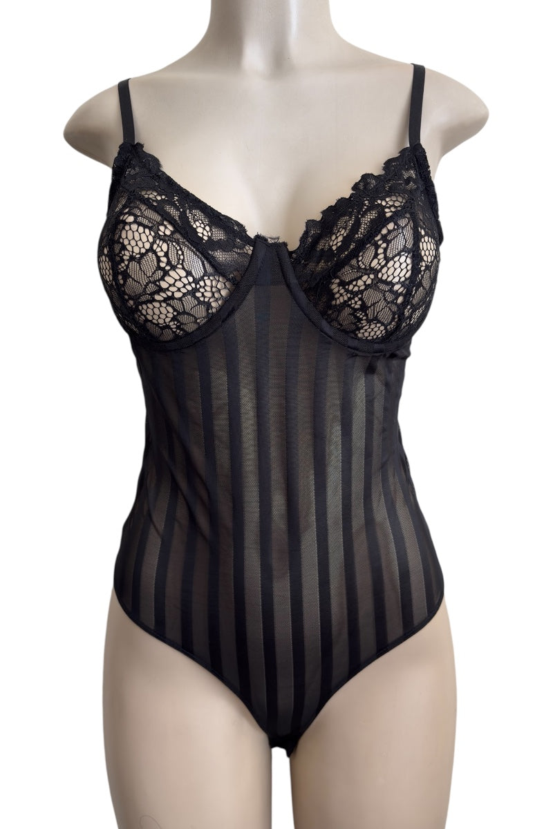 Black lace bodysuit on a mannequin against a white background