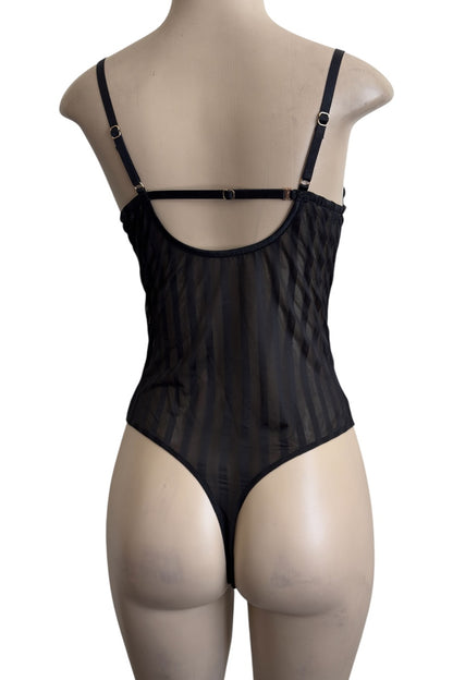 Black lace bodysuit on a mannequin against a white background