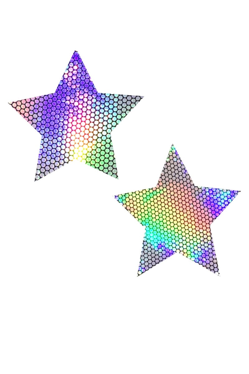 Two rainbow-colored star-shaped patterns on a white background