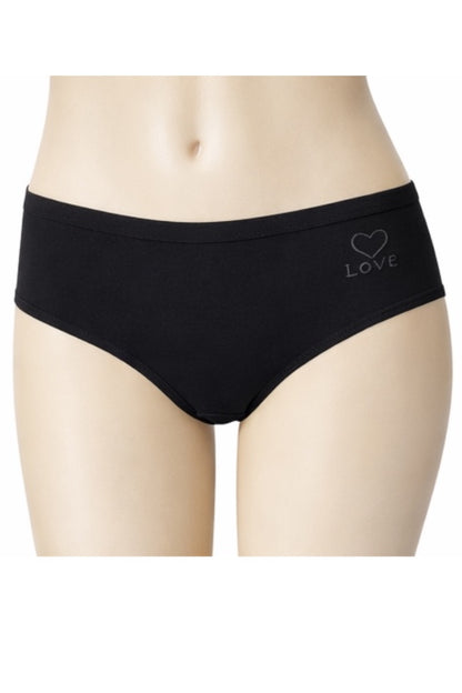 Black underwear with 'LOVE' print on a mannequin against a white background