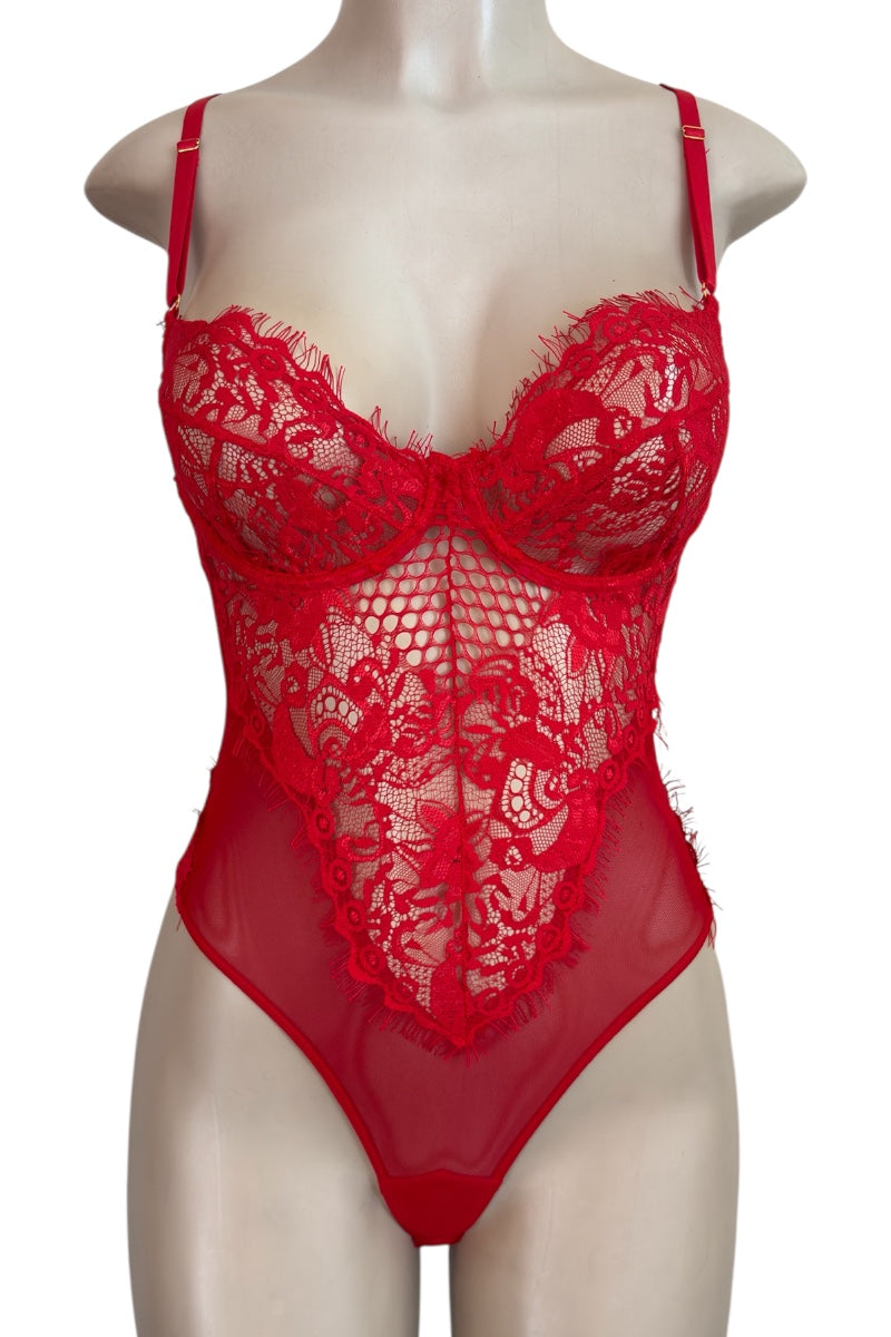 Red lace bodysuit on a mannequin against a white background