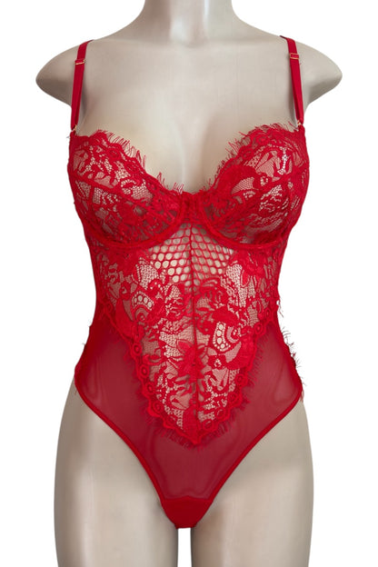 Red lace bodysuit on a mannequin against a white background
