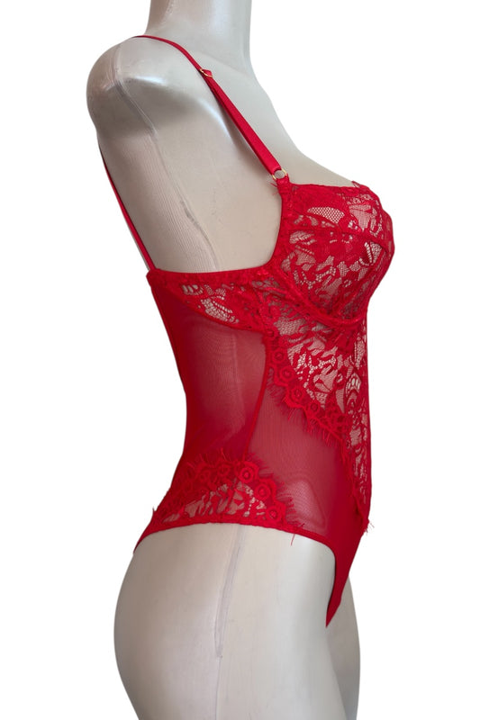 Red lace bodysuit on a mannequin against a white background
