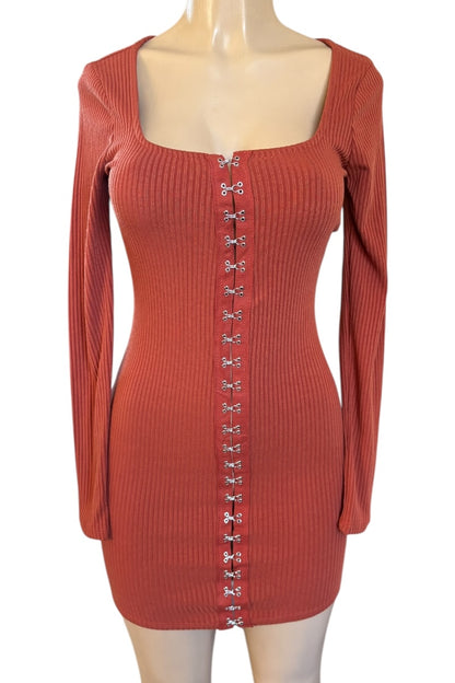 Rust color ribbed dress on a mannequin with a white background