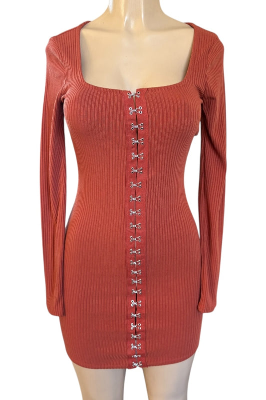 Rust color ribbed dress on a mannequin with a white background