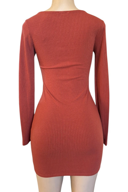 Rust color ribbed dress on a mannequin with a white background
