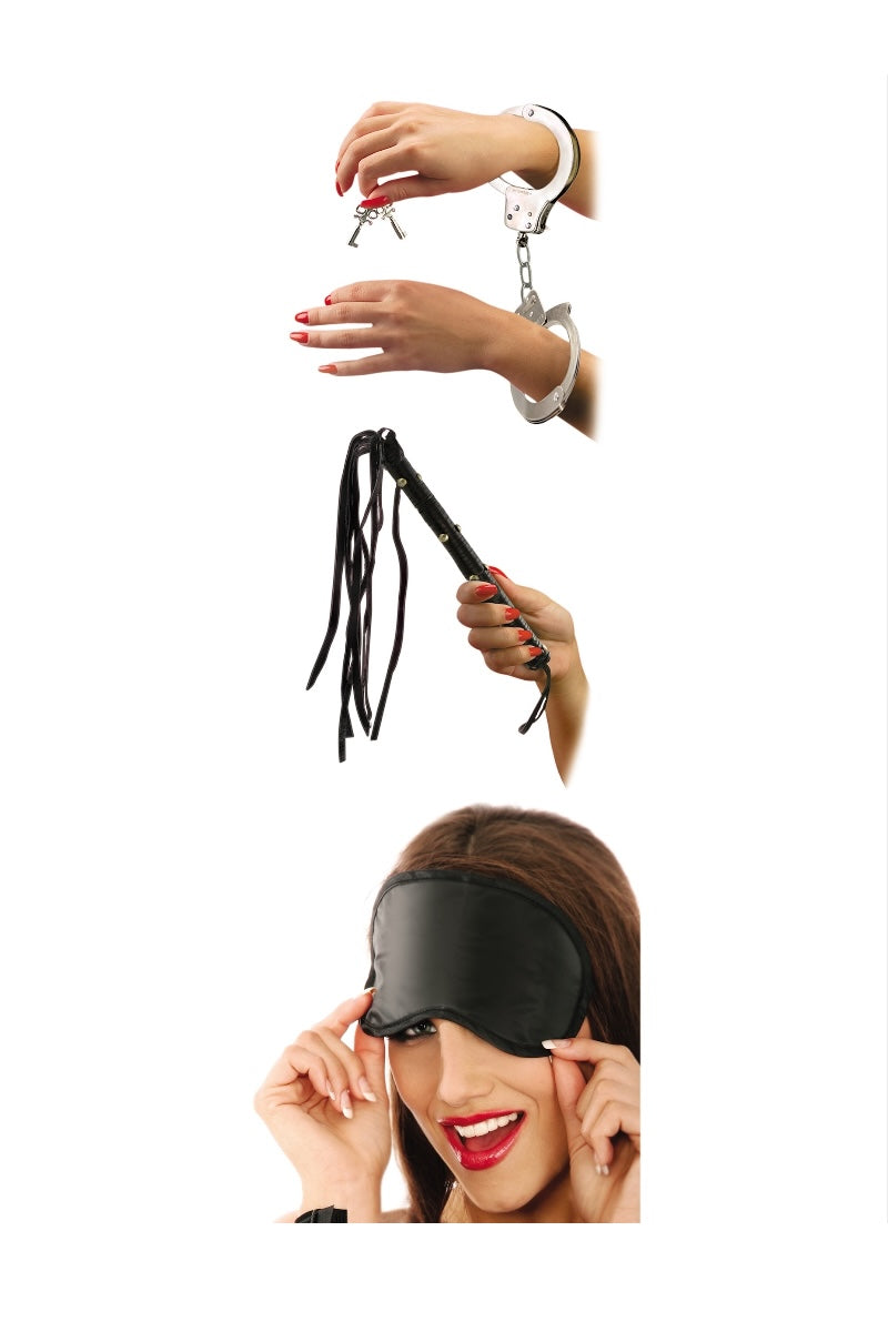 Woman wearing a black blindfold with a white background