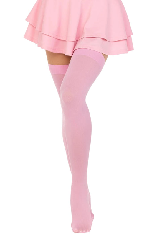 Pink tights worn with a pink skirt on a white background