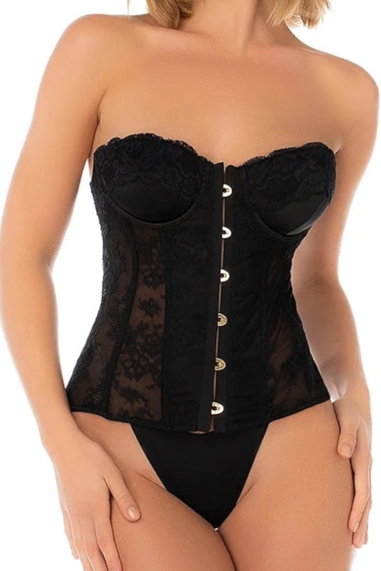 A black lace and mesh strapless corset top with gold-tone front buttons, shown on a model against a plain white background.