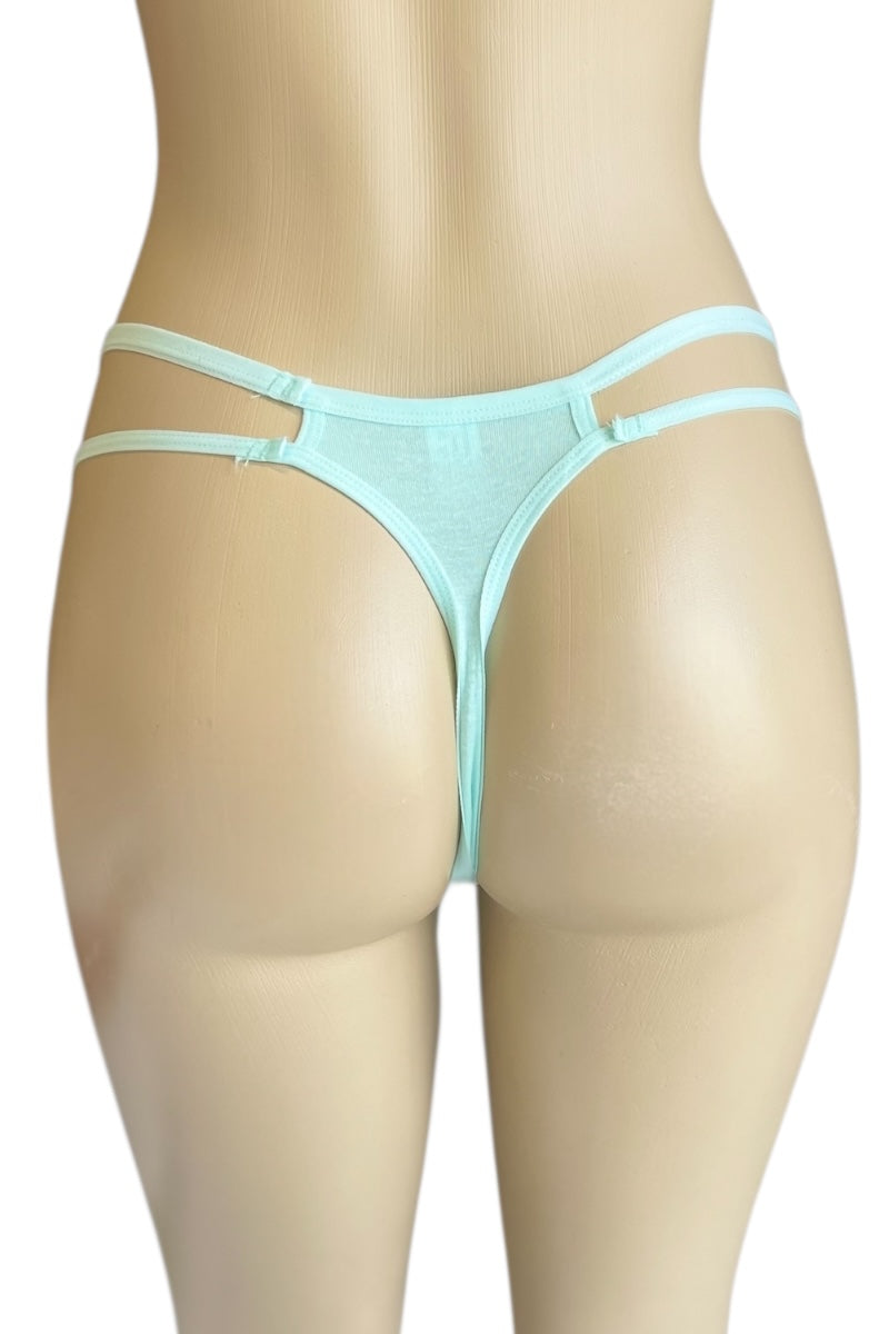 Mint thong on a mannequin against a white background