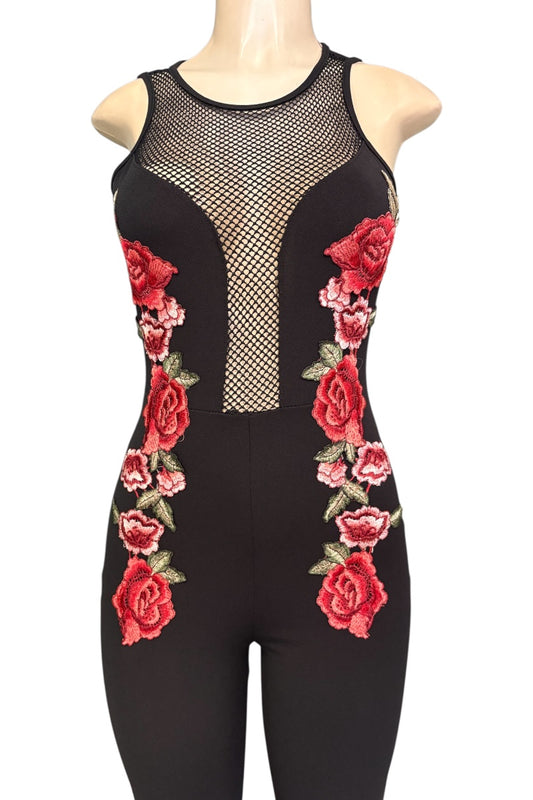 Black sleeveless bodysuit with a fishnet mesh chest panel and red rose embroidery down the sides, displayed on a mannequin torso against a white background.
