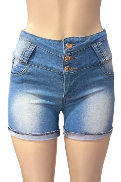 Blue denim shorts on a mannequin with a white background