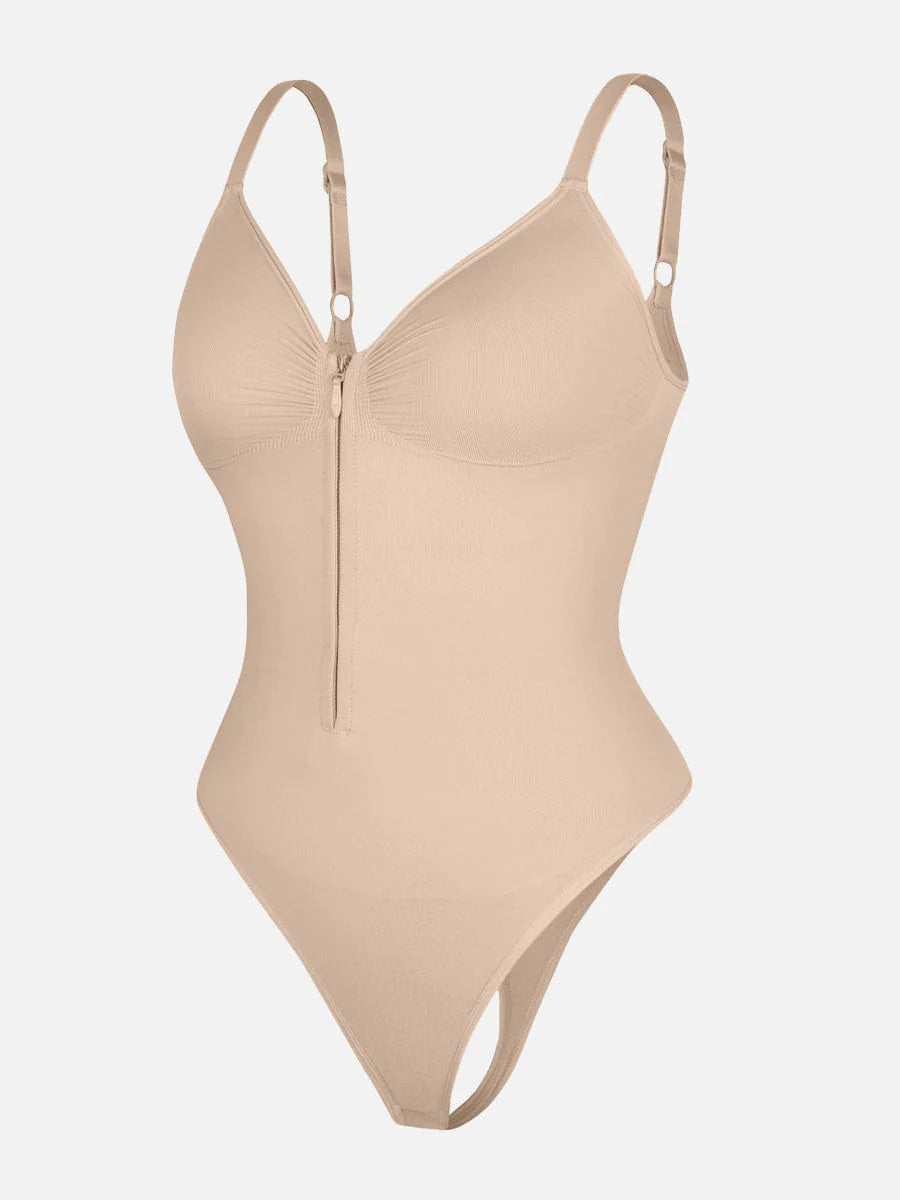 Beige one-piece bodysuit on a white background