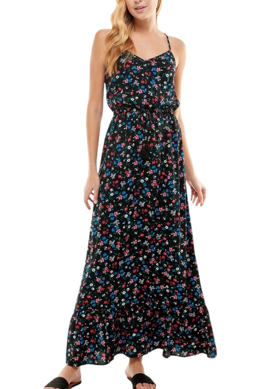 Woman wearing a floral dress on a white background