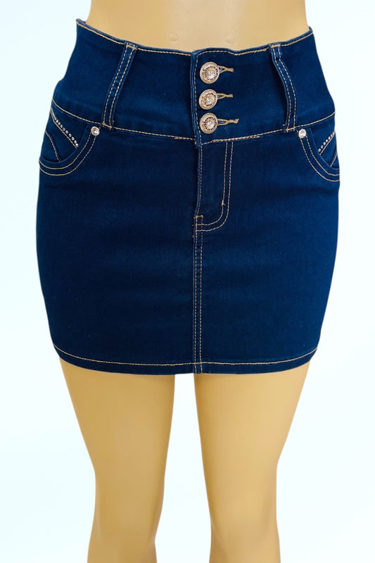 Blue denim skirt with button details on a white background