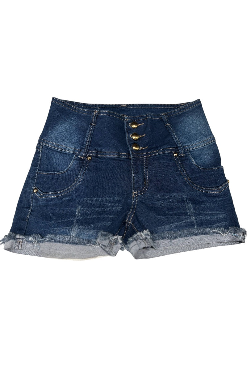 Blue denim shorts with button details on a white background