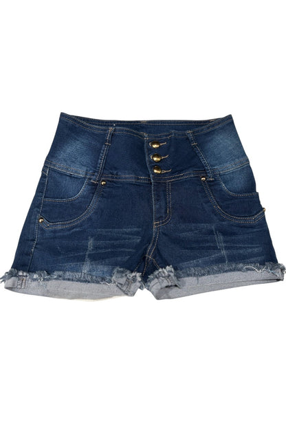 Blue denim shorts with button details on a white background