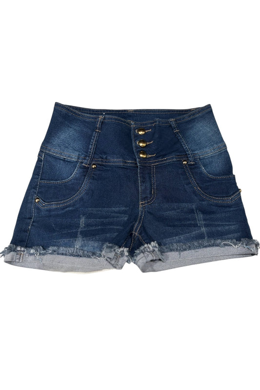Blue denim shorts with button details on a white background