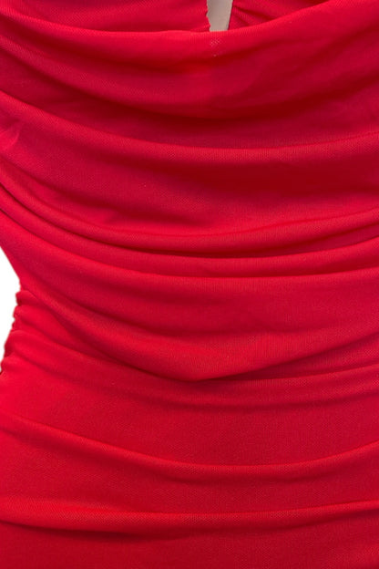 Mesh Back Slit Dress - Red