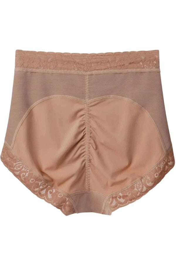 Beige women's underwear with lace details on a white background