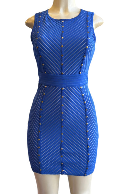 Blue dress with gold accents on a mannequin against a white background