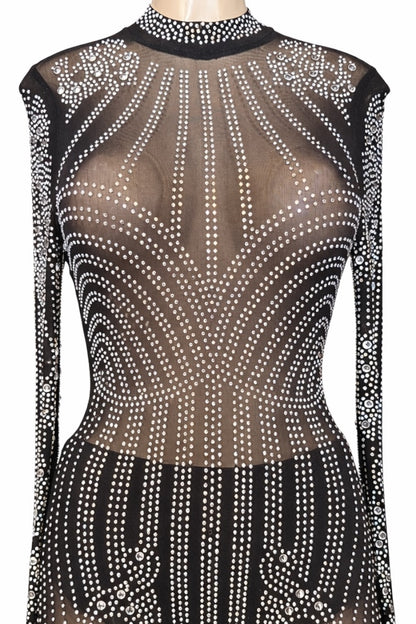 Sheer black jumpsuit with embellishments on a mannequin