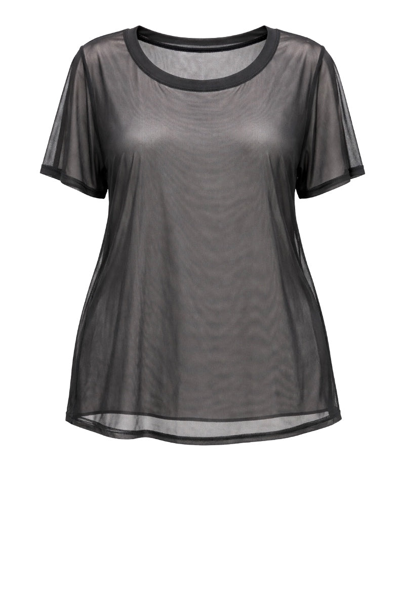 Black sheer short-sleeve top on a white background