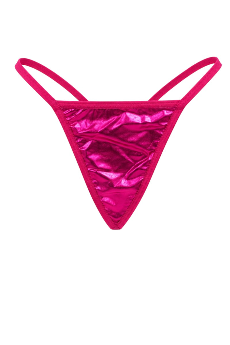 A metallic hot pink thong-style underwear with a shiny holographic finish and solid pink trim, shown flat against a plain white background.