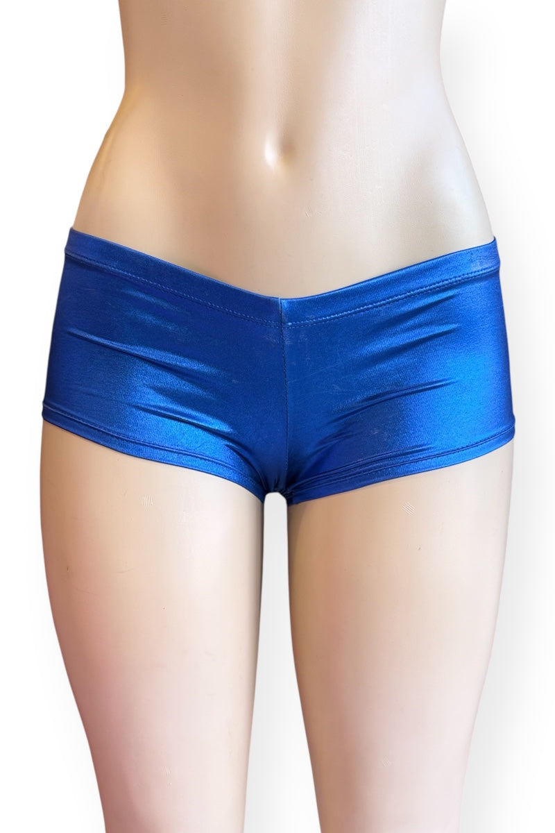 Blue shorts worn by a mannequin on a white background