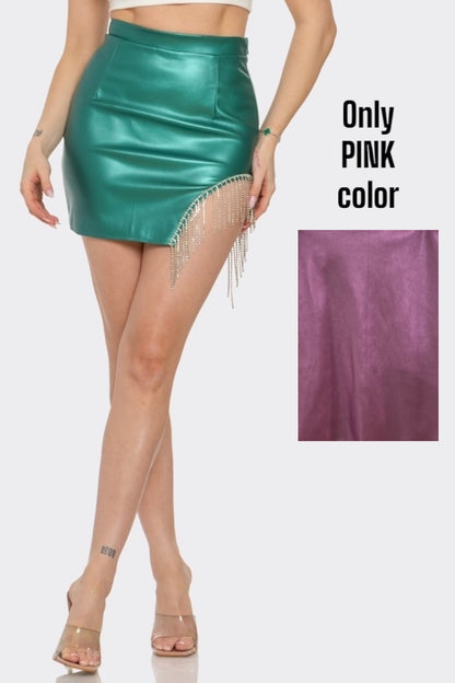 Metallic Pu Mini Skirt With Rhinestone Detail