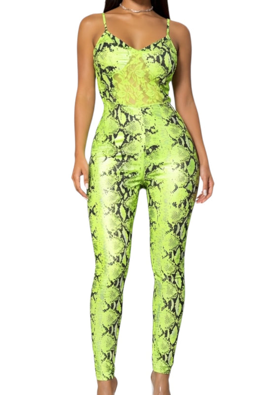 Neon green snake print jumpsuit on a white background