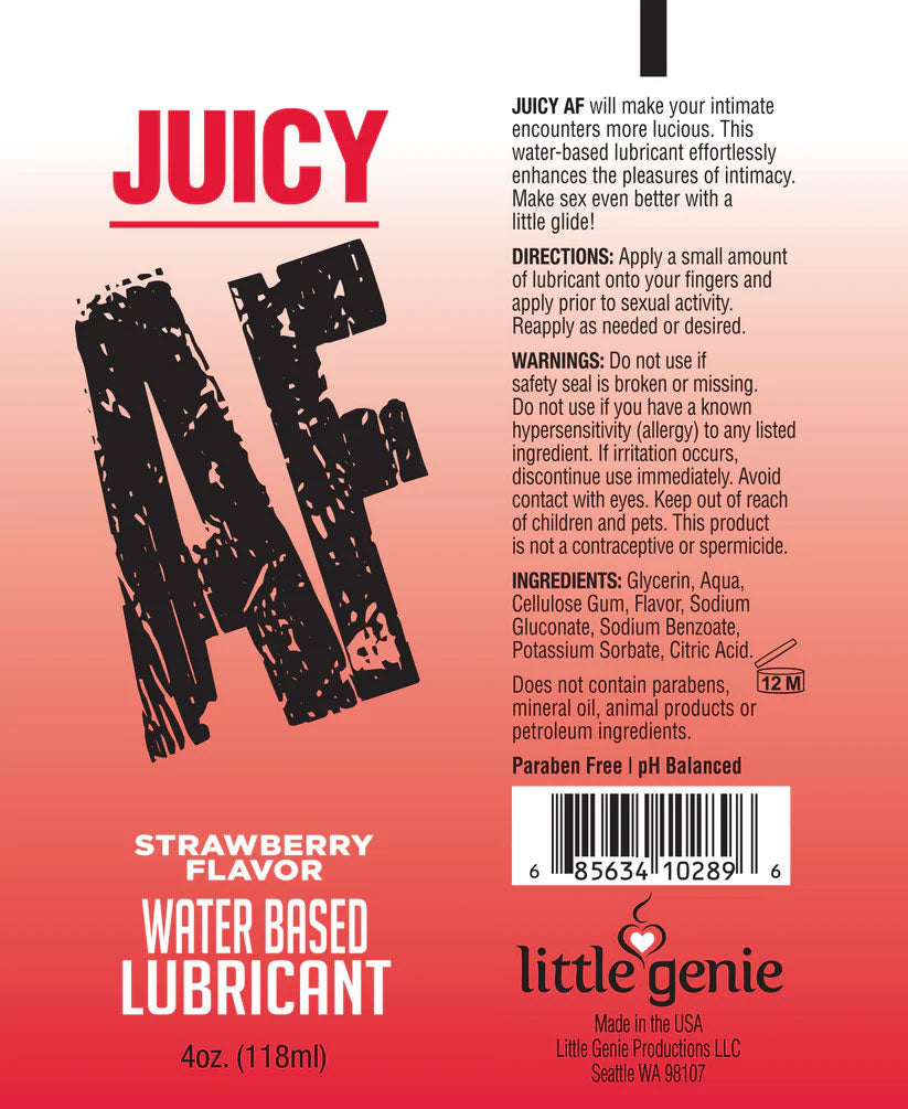 Back label of Juicy AF water-based lubricant packaging with branding and product details.